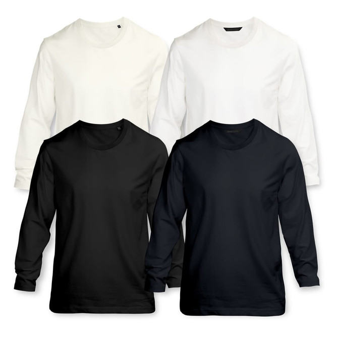 A collection of long sleeve crew shirts in black, white, and light cream colours, featuring various styles.