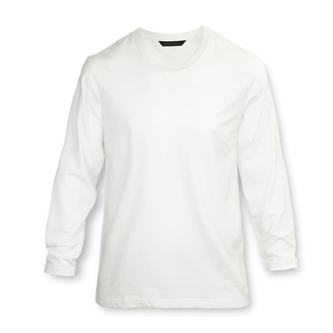A white long sleeve crew shirt with a logo, featuring a classic design suitable for various occasions.