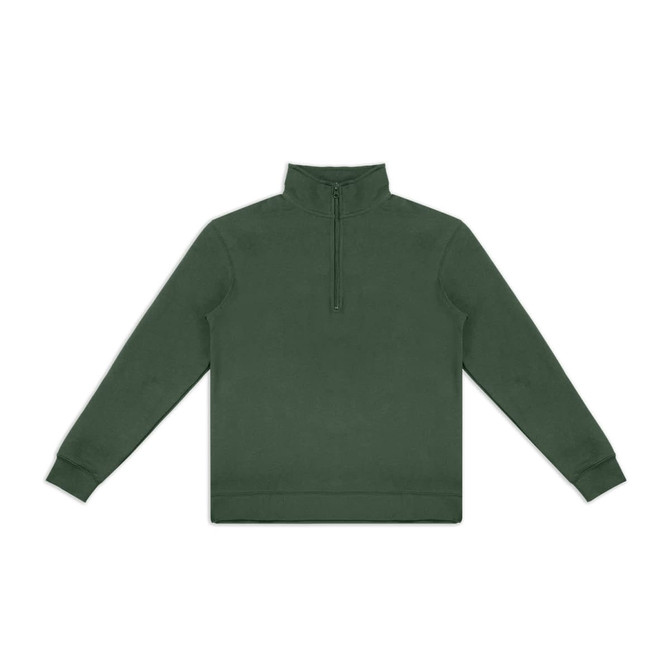 A green unisex quarter zip jumper with a high collar and long sleeves, featuring a logo.