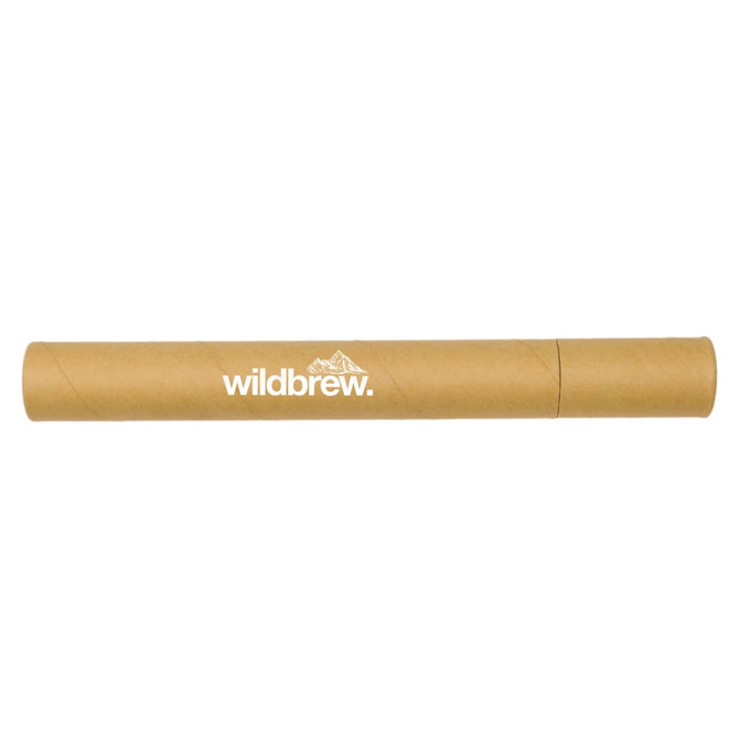 A cylindrical brown packaging tube with a logo printed on it. A cylindrical brown packaging tube with a logo printed on it.