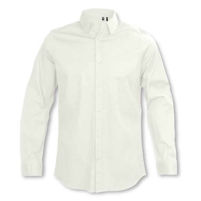 A white button-up shirt featuring long sleeves, a collar, and a logo.