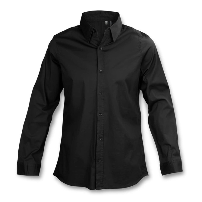 A black women's poplin button-up shirt with a collar and long sleeves, featuring a logo.