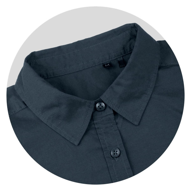 A button-up shirt in dark grey with a classic collar and buttons, featuring a logo.