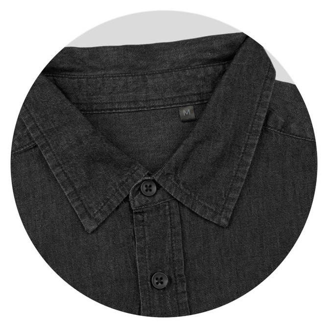 A black denim button-up shirt featuring a collar and front button placket. It has a label indicating medium size.