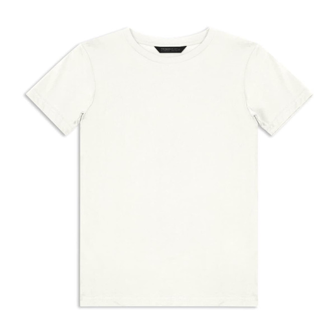 A white youth t-shirt with a standard crew neck and short sleeves. It features a branding logo.