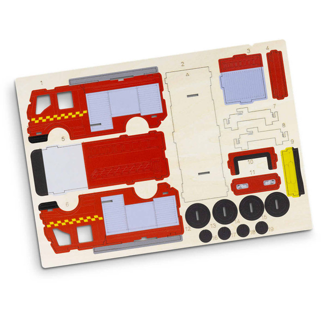 A wooden model kit featuring a red fire truck with various pieces ready for assembly. It includes a logo.