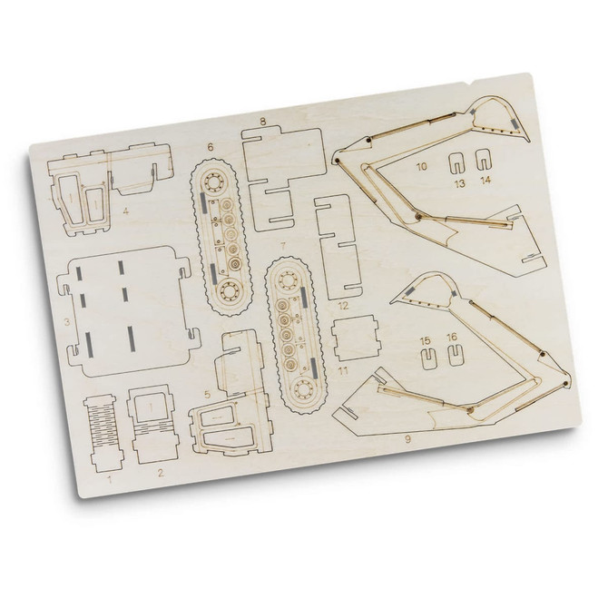 A wooden model kit featuring parts for an excavator, with detailed engravings on a light wood base.