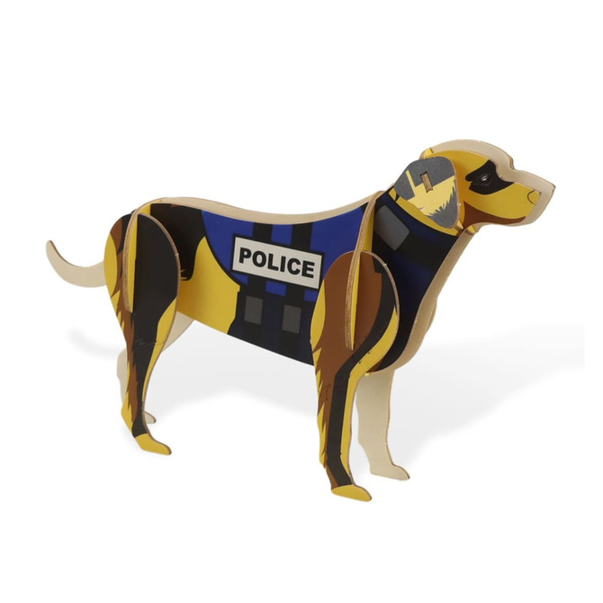 A wooden model of a police dog in black and yellow, featuring a police vest and a detailed design.