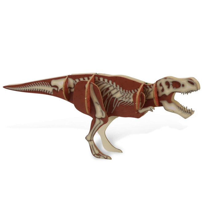 A wooden model of a Tyrannosaurus Rex in brown and white, featuring skeletal design. It has a branding logo.