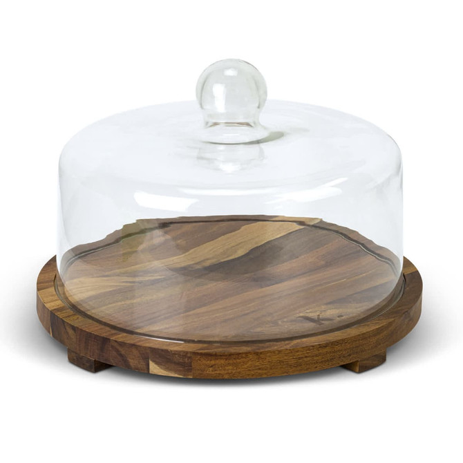 A clear glass cake display dome with a wooden base, featuring a round shape and a glass knob on top.