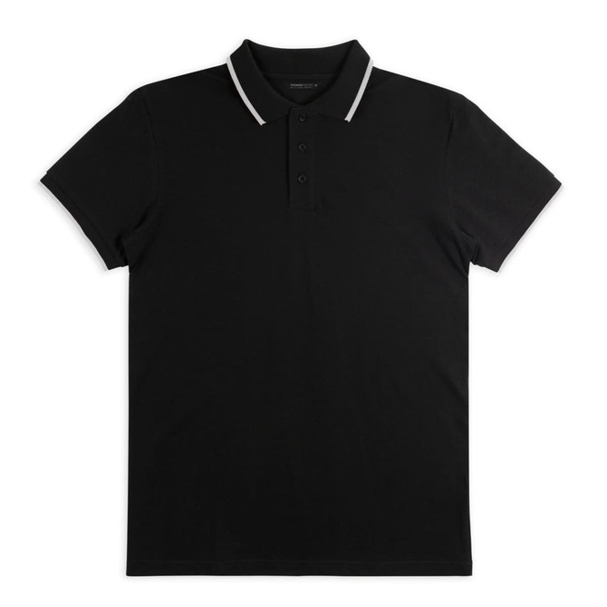 A black polo shirt featuring a collar with contrasting stripes and a logo.