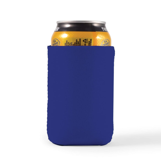 A drink bottle holder in navy blue, designed to fit a standard beverage can, featuring a logo.
