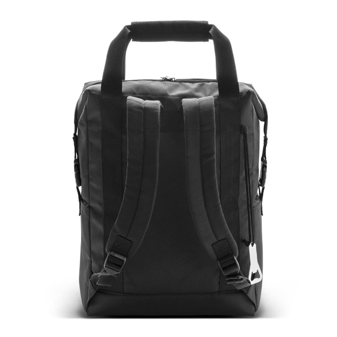 A black cooler totepac with dual adjustable straps and a sturdy handle, featuring a discreet logo.