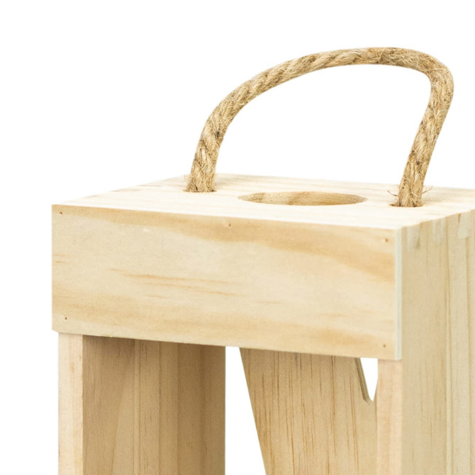 A wooden wine crate in natural finish with a rope handle for carrying, featuring an opening at the top.