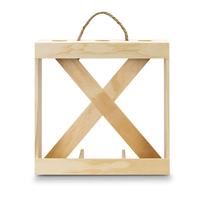 A wooden wine crate in natural colour, featuring a rope handle and an X design for stability.