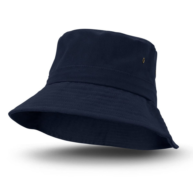 A navy blue bucket hat featuring a wide brim and a logo. Ideal for outdoor activities and casual wear.