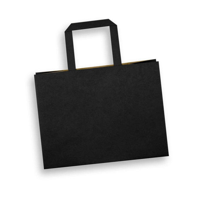 A medium flat handle paper bag in black with two handles and a simple, sleek design.