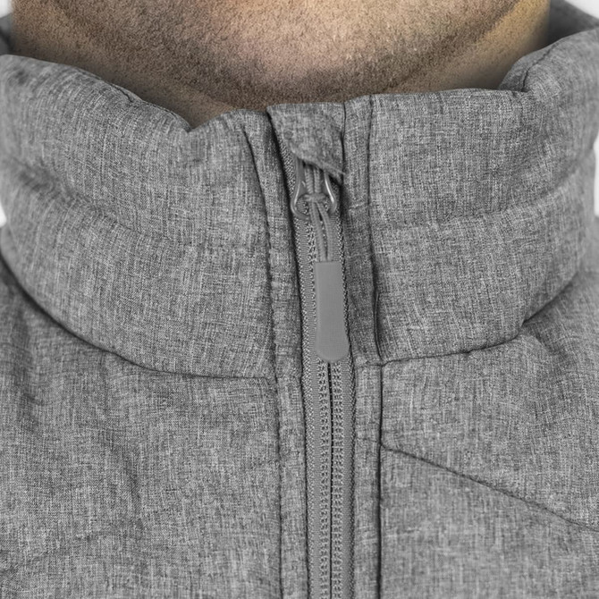 A grey puffer vest with a zip-up front and a high collar design. It features a branding logo.