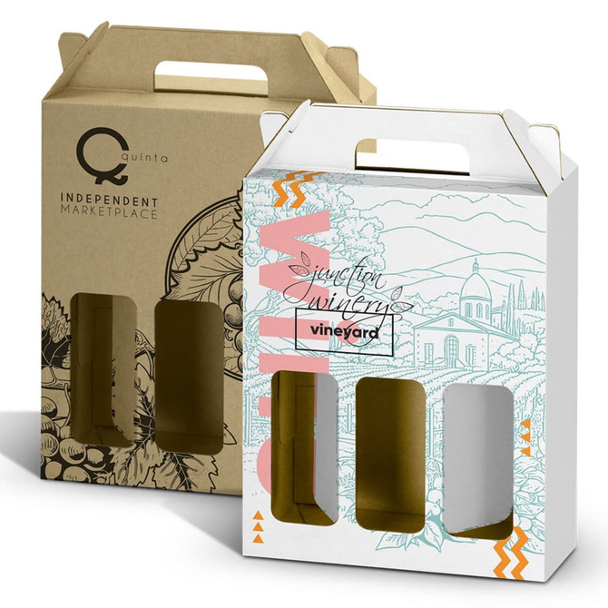 A wine carry pack in brown and white, featuring three compartments and a decorative design. It includes a logo.