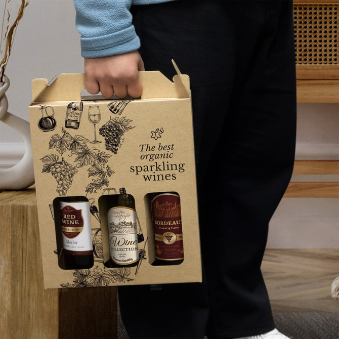 A wine carry pack featuring three bottles of organic sparkling wines in a stylish brown box with graphics.