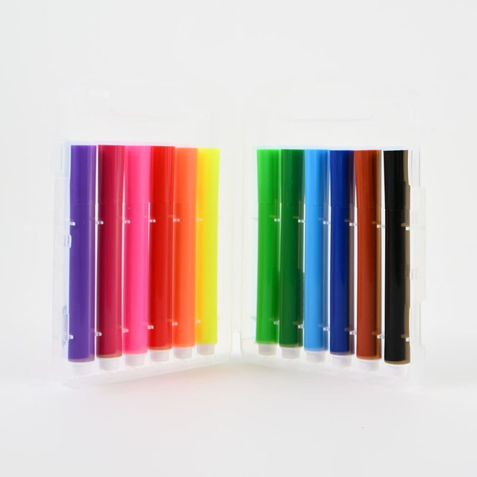 A collection of felt tip pens in vibrant colors, including purple, pink, yellow, green, blue, orange, brown, and black, stored in a clear case.