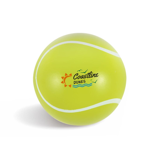 A bright yellow tennis ball with a logo, featuring a smooth surface and a classic tennis design.