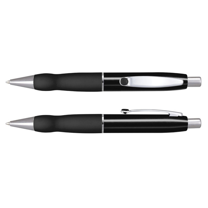 A black metal pen with a silver clip, featuring a comfortable grip and a sleek design.