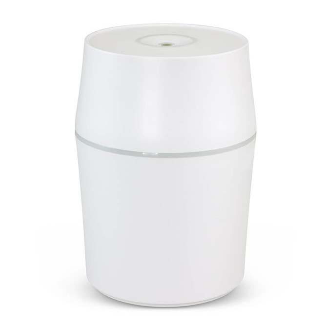 Aroma diffuser in a sleek white design, featuring a simple cylindrical shape and a subtle logo on the surface.