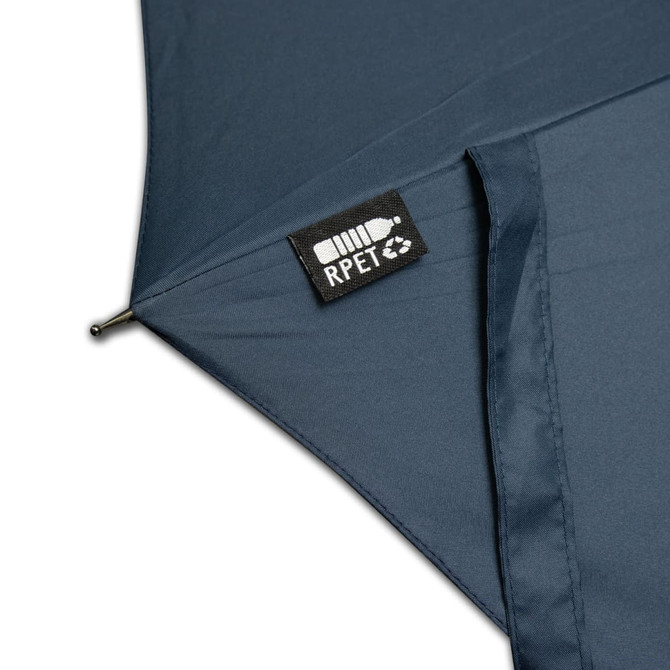 A dark navy umbrella featuring a tag and made from RPET material. The fabric appears smooth and durable.