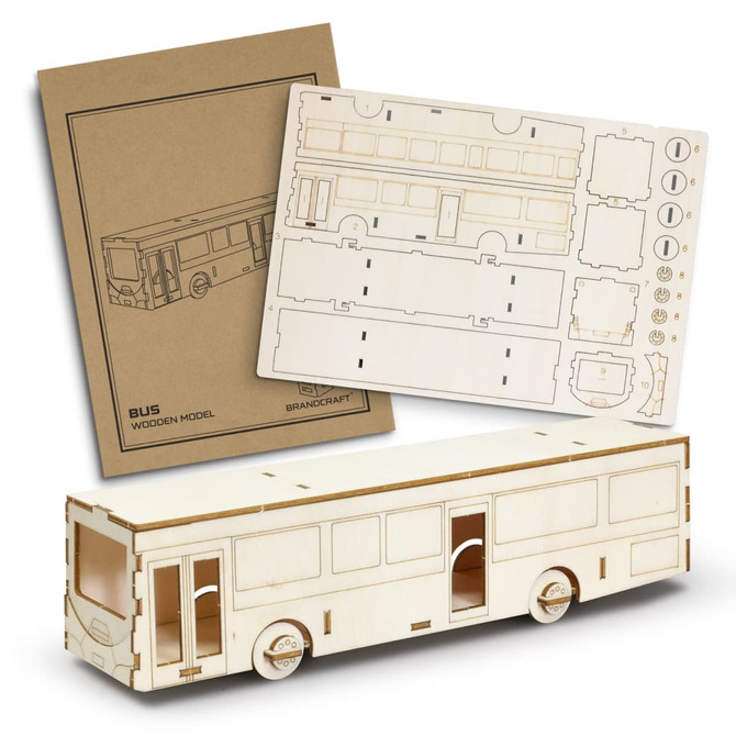A wooden model of a bus in light wood colour, accompanied by a template and assembly instructions.
