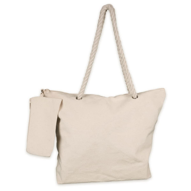 A beige canvas tote bag with a braided rope handle and a small attached pouch.