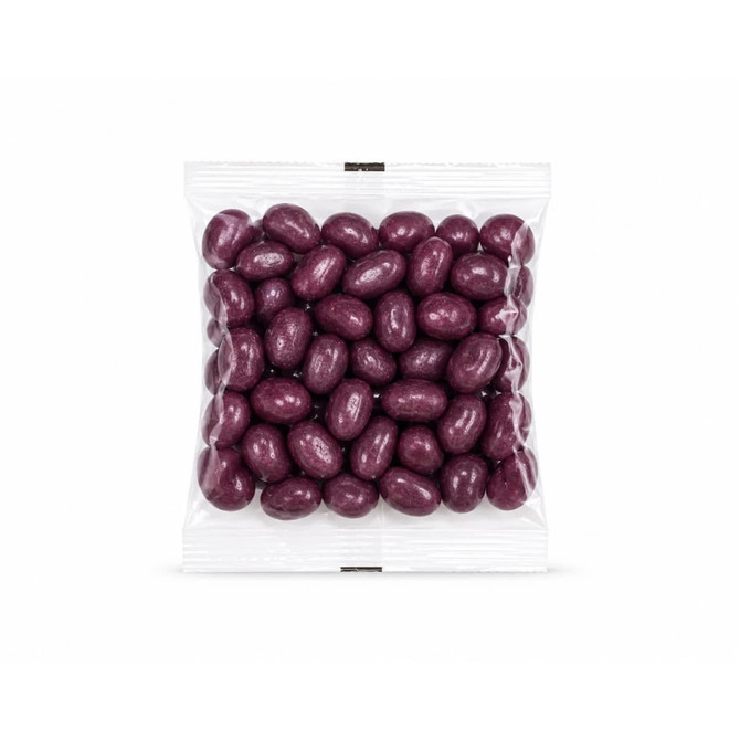 A clear cello bag filled with shiny, purple jelly beans. The bag is sealed at the top.