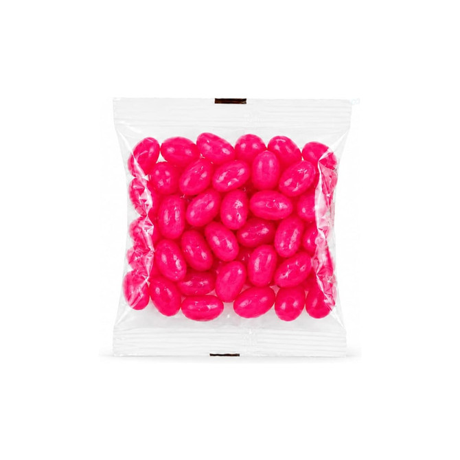 A clear cello bag filled with bright pink jelly beans. The bag features a logo.