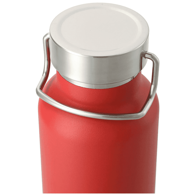 A drink bottle in red with a stainless steel lid and handle, featuring a sleek, vacuum-insulated design.
