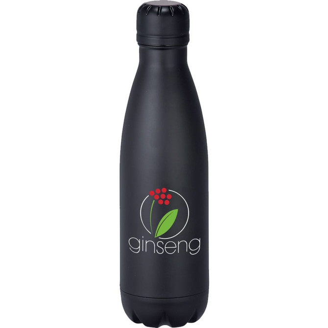 A drink bottle in matte black with a logo printed on the front, featuring a vacuum-insulated design.