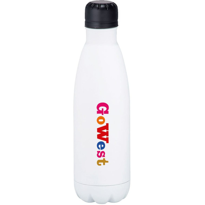 A drink bottle in white with a colourful logo, featuring a vacuum insulated design and a 500ml capacity.