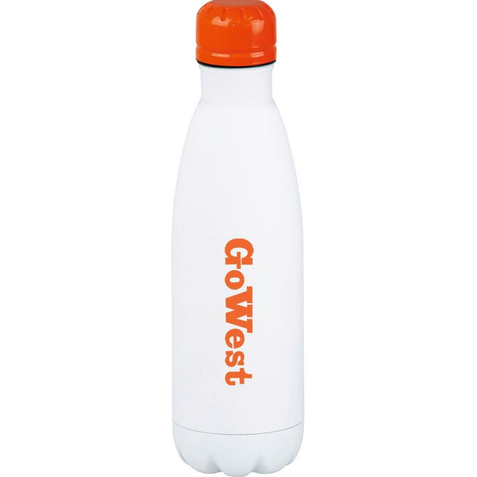 A drink bottle featuring a white body with an orange cap and an orange logo. It has a vacuum insulated design.