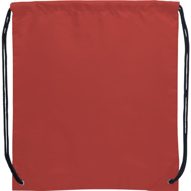 A red drawstring sportspack with black cords and a simple design. Features a logo on the front.