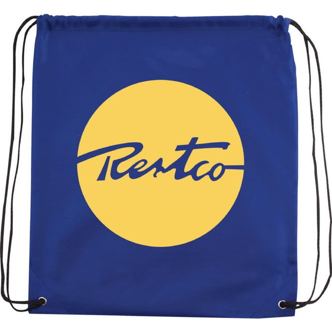 A blue drawstring sportspack with a large yellow circular logo and black drawstrings.