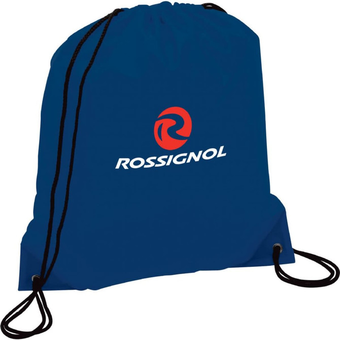 A blue drawstring sportspack with a logo, featuring two black drawstrings for closure and securing items.