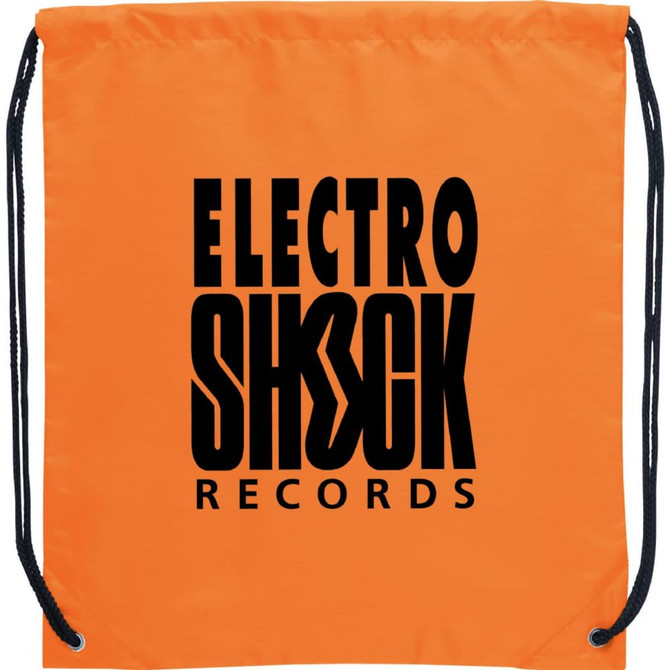 An orange drawstring sportspack featuring a black logo. The pack has black cord straps.