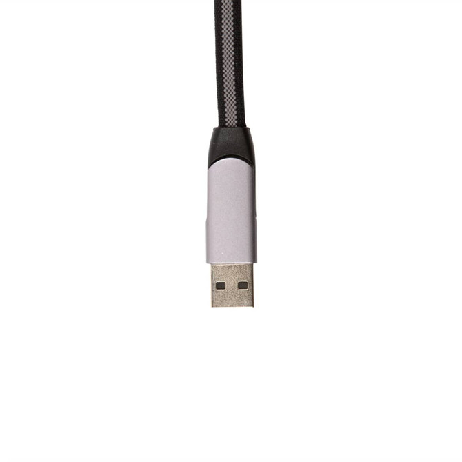 A charging cable with a gray USB connector and a braided black exterior.