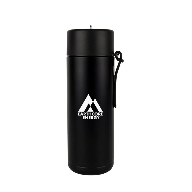 A drink bottle in matte black with a strap and a logo on the front. Ideal for water or beverages.