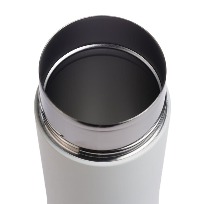 A drink bottle with a sleek, white exterior and a stainless steel interior, featuring a smooth opening.