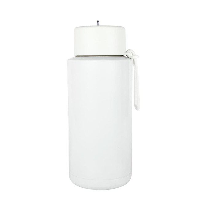 A drink bottle in white, featuring a lid and carry strap, with a logo on the body.
