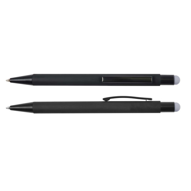 A black pen and stylus combination, featuring a sleek design and a clip for easy attachment.