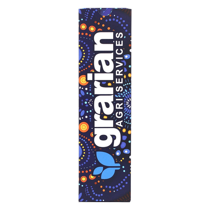 A drink bottle with a vibrant blue and purple design, featuring a logo with stylised elements and patterns.