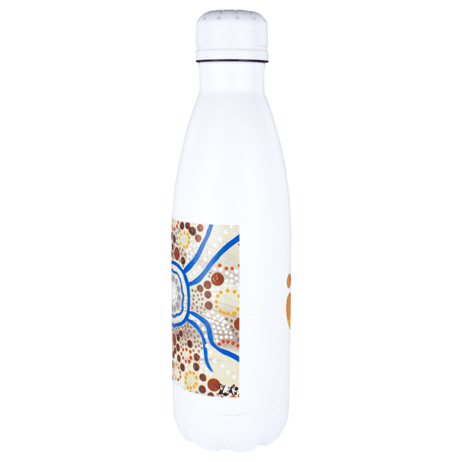 A drink bottle featuring a white design with an artistic pattern and a logo. Ideal for beverages.