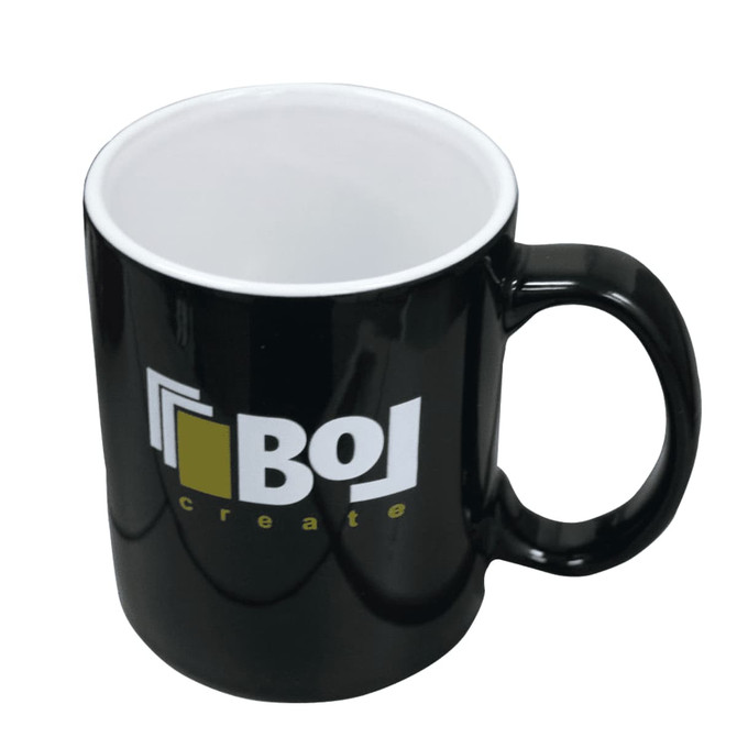 A black ceramic mug with a glossy finish and a logo on the side, presented without packaging.