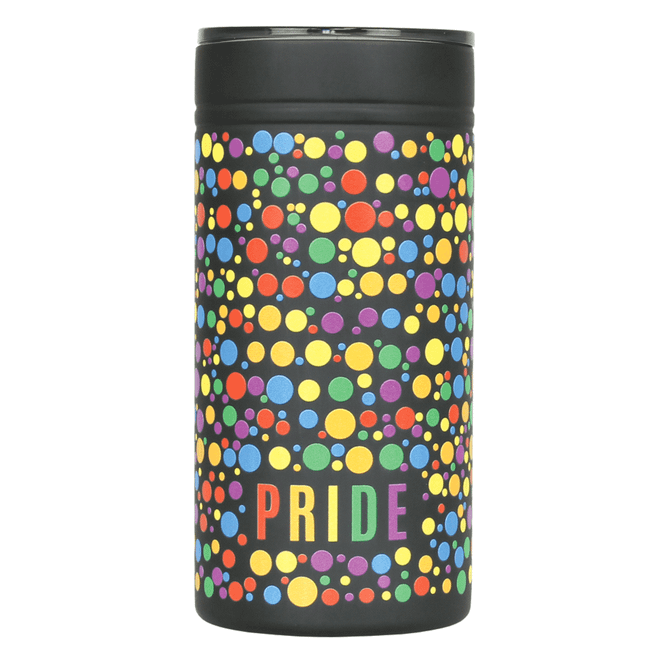 A drink bottle featuring a vibrant design with multicoloured dots on a black background and a logo.